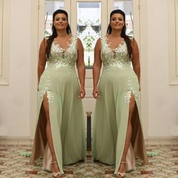 Cheap Light Green Plus Size Appliqued Prom Dresses Sheer V Neck Evening Gown A Line Split Side Chiffon Floor Length Formal Dress SD3375