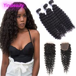 Malaysian Human Hair 3 Bundles With Lace Closure Baby Hair Extensions Deep Wave Curly Natural Color Bundles With Closures