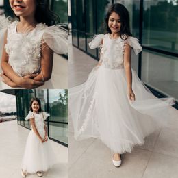 Cheap White Flower Girls Dresses Feather Beaded Hand Made Flower Girl Pageant Dress Ruffle Jewel Sleeveless Party Gown Hot Sell