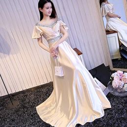 Champagne Formal Short Sleeve Scoop Mother's Dresses Elastic Satin Wedding Party Dress Floor-length Mother Of the Bride Dresses With Beading