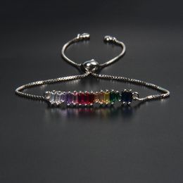 Newst Rainbow Cz Bar Chain Bracelet for Women Rainbow Princess Cut Adjustable Cz Stainless Steel Charm Bracelets Men's Gift