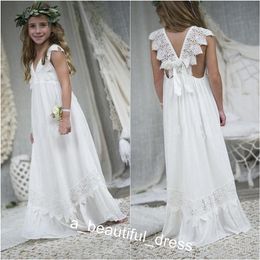 Newly Beach Boho Flower Girl Dresses Chiffon Custom Size Holy Communion Gowns V Neck Kid Formal Dresses