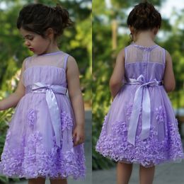 Tulle Flower Girls Dresses Sheer Jewel Neck Purple Short Girls Pageant Dresses Formal Wedding Wear Summer Dress