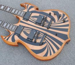 Rare Wylde Audio Barbarian 12 & 6 strings Double Neck Black Behemoth Natural Flame Maple Top SG Electric Guitar EMG Pickups, Black Hardware