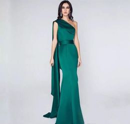 Dark Green One Shoulder Satin Mermaid Evening Dresses gowns with panel 2019 Celebrity Long Prom Gown Floor Length Party Dresses Elegant