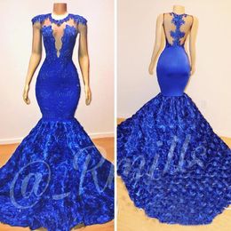 Royal Blue Mermaid Prom Dresses Rose Flowers Long Chapel Train Sheer Neck Applique Beads 2K18 African Pageant Party Dress Evening Gowns