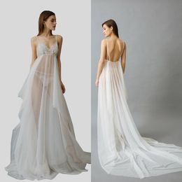 sexy wedding robes spaghetti strap sleeveless dot appliqued lace see through night gown for women ribbon backless court train sleepwear