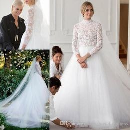 A Line Vinatge Wedidng Dresses High Jewel Neck Lace Tulle Sleeves Sweep Train Long Sleeve Wedding Dress Bridal Gowns Vestidos