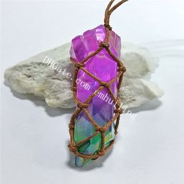 10Pcs Titanium Rainbow Aura Quartz Adjustable Macrame Net Basket Necklace 35-45mm Irregular Raw Natural Rock Crystal Point Bohemian Necklace