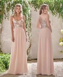 New Rose Gold Bridesmaid Dresses A Line Spaghetti Backless Sequins Chiffon Long Beach Wedding Gust Dress Maid Of Honor Gowns HY234