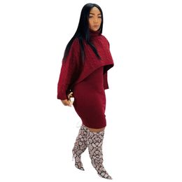 Women Two Piece Sets Dress Knitted 2 Piece Outfits Long Sleeve Turtleneck Sweater Top and Midi Tank Dress Sets