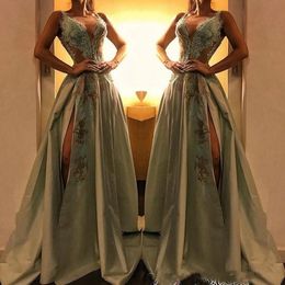 Sexy High Side Split Prom Dresses A Line Satin Deep V Neck Lace Appliqued Arabic Evening Dress Sleeveless Plus Size Formal Party Gowns