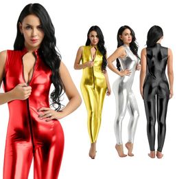 Womens Clothing Femme Wetlook Party Costume Catsuit Cocktail Faux Leather Double Zipper Leotard Dancewear Bodysuit Sexy Clubwear