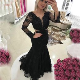 Plus Size Black Long Sleeve Lace Evening Dresses Mermaid Party Sexy Beaded Plus Size Ladies Women Formal Dresses Prom Gown