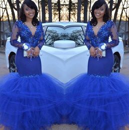 2020 Generous Royal Blue Lace Mermaid Prom Dresses V Neck Sheer Long Sleeves Tulle Applique Beaded Formal Party Wear Evening Gowns BC1772