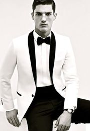 New Stylish Design Groom Tuxedos One Button White Shawl Lapel Groomsmen Best Man Suit Mens Wedding Suits (Jacket+Pants+Tie) 792