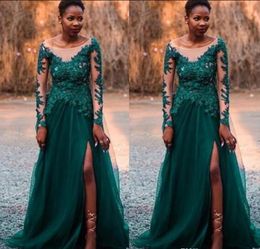 Sexy Hunter Green Saudi Arabic Prom Formal Dresses Evening Gowns Long Sleeves Lace Sequins Sheer Neck Nigerian Arabic Bridesmaid Dresses