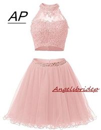 Two Pieces 1950S High Neck Homecoming Dresses Sexy Hollow Back Beading Tulle Short Cute 8th Grade Graduation Dresses Plus Size