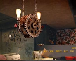 Gear Pendant Light Vintage Iron Pipe Pendant Lamps Bar Loft Industrial Hanging Lamp Wood Gear Light Fixture For Restaurant MYY