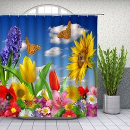 Spring Purple Flowers Butterfly Flying on Lilies Bathroom Shower Curtain 71Inch