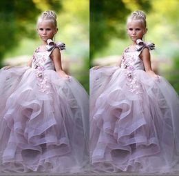 Princess Ball Gown Flower Girl Dresses 3D Floral Appliques Bow Gilrs Pageant Dress Fluffy Tulle Long Birthday Dress Kids Prom Dress