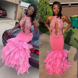 Pink Feather Mermaid Prom Dresses Halter Deep V Neck Beaded Lace Evening Gowns Floor Length Plus Size Formal Dress