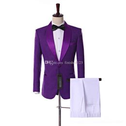 Real Picture Side Vent One Button Purple Paisley Groom Tuxedos Shawl Lapel Groomsmen Wedding Men Party Suits (Jacket+Pants+Tie) W9