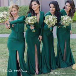 2019 Hunter Green Deep V Neck Long Formal Bridesmaid Dress Cheap Arabic Split Long Sleeves Maid of Honour Gown Plus Size Custom Made