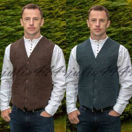 2019 Farm Brown Groom Vests Wool Herringbone Tweed Vest Slim Fit Men's Suit Vest Prom Country Wedding Waistcoat Dress Tailor Made Plus Size