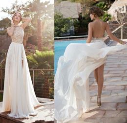 Halter Lace Top Sexy Backless Beach Prom Dresses Empire Waist A Line Beading Waist Split Evening Gown Boho Dresses HY528