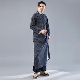 Striped thin Chinese vintage Pure Colour simple long robe Men's comfortable soft cotton linen cross collar comic dialogue ingenuity light