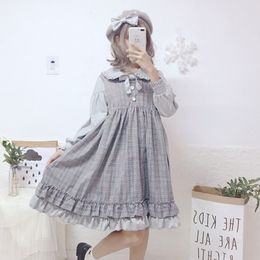 Wholesale-Spring Mori Girl Sweet Plaid Dress Women Fake Two Piece Bow Stitching Lattice Soft Female Long Sleeve Loose Lolita Dress K072