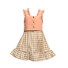 Girls Shirts Skirt Suit Kids Suspenders Vest Tops + Plaid Skirt 2 Pcs/sets Baby Ruffle Princess Outfits Child Summer Clothing Set M1722