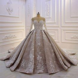 abito da ballo abiti da sposa dubai Modest O Neck maniche lunghe in pizzo Appliques Ball Gown Abiti da sposa Abiti da sposa Taglie forti