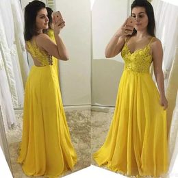 Fashion Yellow A Line Prom Dresses O Neck Illusion Top Appliques Sequined Evening Gown Floor Length Chiffon Vestidos De Soiree