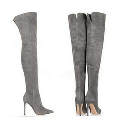 Hot Sale-suede over the knee boots women high heel slim thigh high boots grey brown black red knee tall boot big size35-43