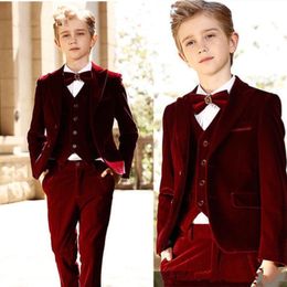 Burgundy Boy Formal Suits Dinner Tuxedos Velvet Little Boy Groomsmen Kids Children Special Occasion Suit Formal Wear (Jackets+Pants+Vests)