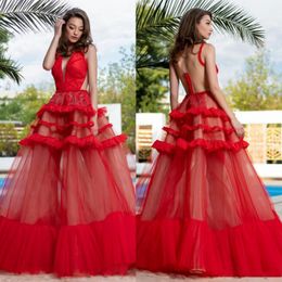 Gorgeous Red See Through Prom Dresses Deep V Neck Sheer Zipper Back Evening Gowns Tiered Tulle Skirt Floor Length Party Dress