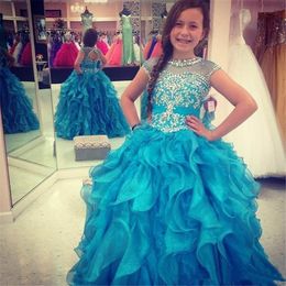 New Light Sky Blue Girls Pageant Dresses Sparkly Diamonds Crystals Ruffles Organza Flower Girl Dress Party Gowns Custom Size