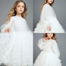 2019 Cute Ruffles Flower Girl Dresses Jewel Neck Sheer Long Sleeve Tulle Girls Formal Gown for Wedding First Communion Dress