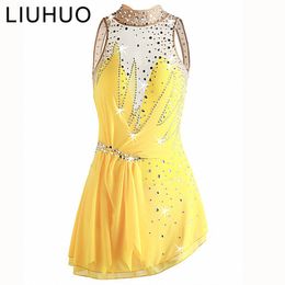 Figure skating dress girls spandex quality crystals yellow skating dress women