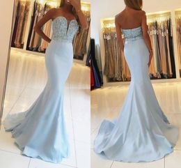 Blue Light Sky 2019 New Mermaid Evening Dress Beads Crystal Backless Sweep Train Prom Formal Dresses Robe Soire Vestidos De Fiesta es