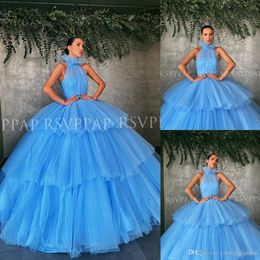 New Arrival Dubai Arabic Ocean Blue Ball Gown Quinceanera Dresses High Neck Layers Tiered Tulle Prom Dress Evening Gowns Vestidos