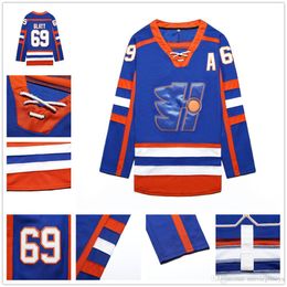 Goon Movie Highlanders Xavier LaFlamme Hockey Jersey 70 Stitched Sewn Men Blue