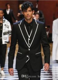 Latest Design Two Buttons Black Groom Tuxedos Peak Lapel Groomsmen Mens Wedding Party Suits 3 Pieces Blazer (Jacket+Pants+Vest+Tie) K24