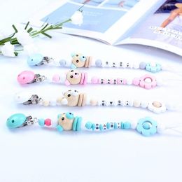 INS Flower Cartoon Silicone and Wood Baby Pacifier Clips Infant Pacifier Chain Baby Soother, Toddler Kids Chew Toys Baby Shower Gifts