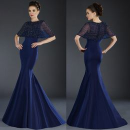 Navy Blue Janique Mermaid Mother of The Bride Dresses Jewel Half Sleeve Crystal Wedding Guest Dress Sweep Train Evening Gowns