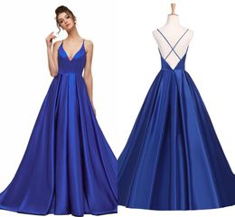 Custom Made Satin A Line Long Evening Dresses Royal Blue Halter Neck Evening Gowns Beading Prom Dress
