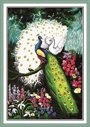 Peacocks in green Forest animal decor paintings ,Handmade Cross Stitch Craft Tools Embroidery Needlework sets counted print on canvas DMC 14CT /11CT