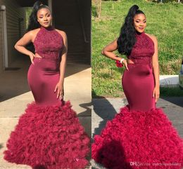 Sexy Dark Red Mermaid Prom Dresses Halter Neck Appliques Beaded Backless Cutaway Sides Puffy Tulle Evening Dresses Fashion Party Gown